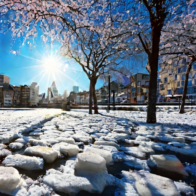 Spring and city of melting snow with warm sunshine4