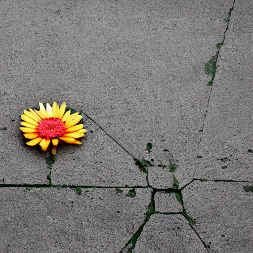 A flower blooming robustly in the back alleys of the city, breaking through the asphalt abstract1